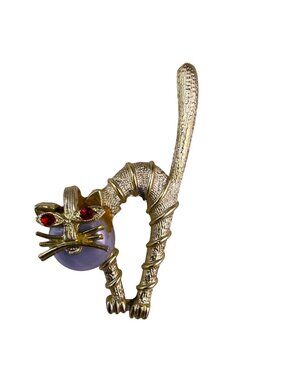 Vintage Unknown Gold Tone Red/Blue Cat-Shaped Brooch Jewelry Accessory